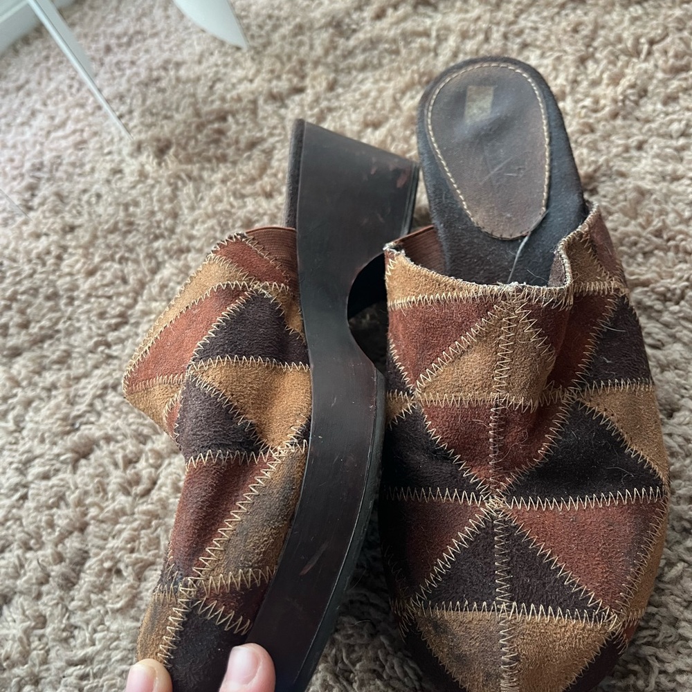 Predictions Brown and Tan Patchwork Mules - image 3
